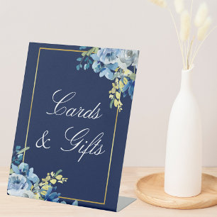 Navy Blue Gold Floral Wedding Chic Cards & Gifts Pedestal Sign
