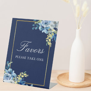 Navy Blue Gold Floral Wedding Chic Favours Table Pedestal Sign