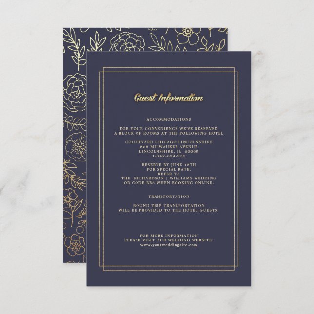 Navy Blue | Gold Floral Wedding Details Cards (Front/Back)