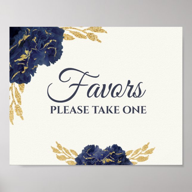 Navy Blue Gold Floral Wedding Favours Sign 8x10 (Front)