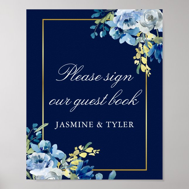 Navy Blue Gold Floral Wedding Guest Book Poster (Front)
