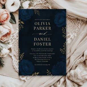 Navy Blue Gold Floral Wedding Invitation