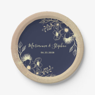 Navy Blue Gold Floral Wedding Paper Plate