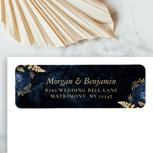 Navy Blue Gold Floral Wedding Return Address Label
