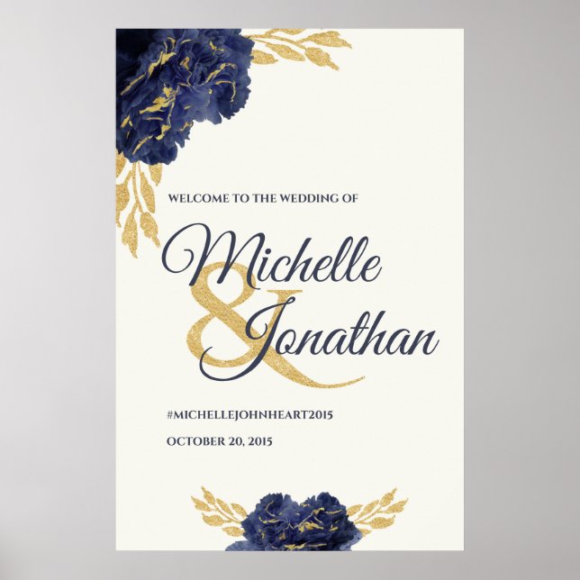 Navy Blue Gold Floral Wedding Welcome Sign 24x36 (Front)