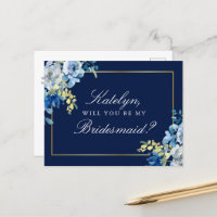 Navy Blue Gold Floral Will You Be My Bridesmaid In