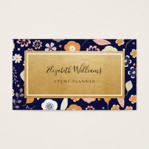 Navy Blue Gold Florals Event Planner Business Card