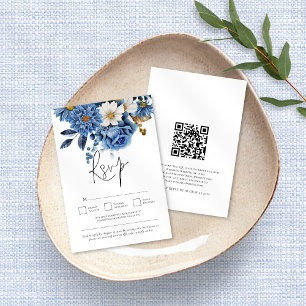 Navy Blue Gold Florals QR Code Wedding RSVP Card