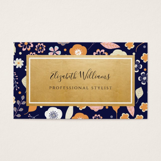 Navy Blue Gold Florals Stylist Business Cards (Front)