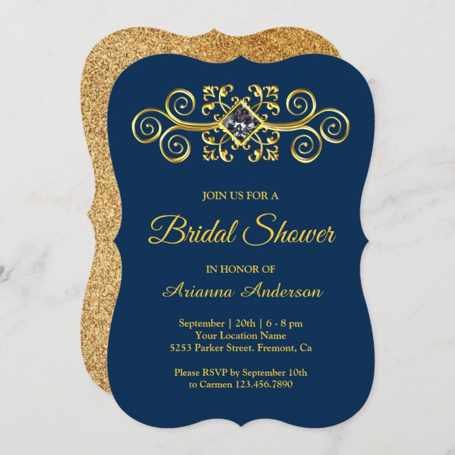 Navy Blue Gold Flourish Diamond Bridal Shower Invitation (Front/Back)