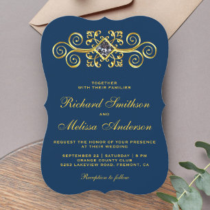 Navy Blue Gold Flourish Wedding Invitation