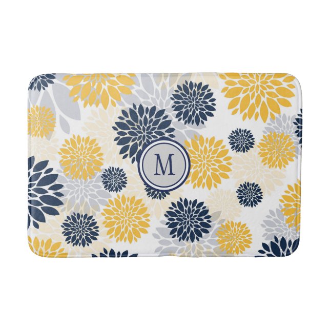 Navy Blue Gold  Flower Graphic Pattern Bath Mat (Front)