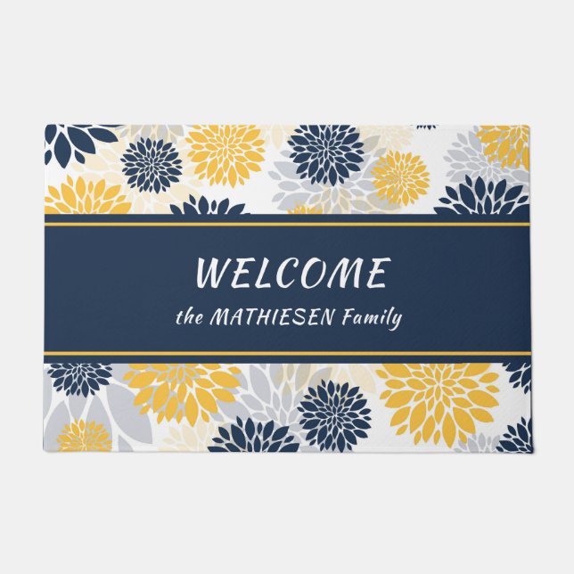 Navy Blue Gold Flower Graphic Pattern Doormat (Front)