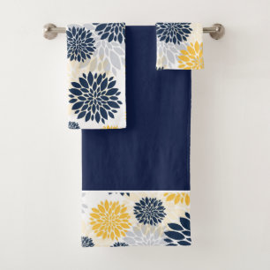 Navy Blue Gold Flower Pattern Bath Towel Set