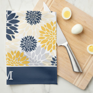 Navy Blue Gold Flower Pattern Monogram Tea Towel