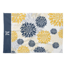 Navy Blue Gold Flower Pattern Monogram