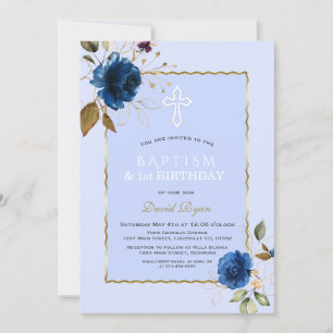 Navy Blue Gold Flowers Boy 1st Birthday & Baptism Invitation