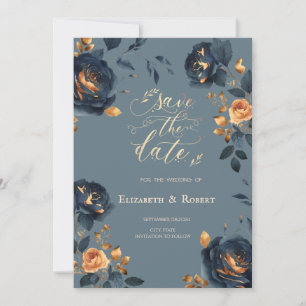 Navy Blue Gold Flowers Dusty Blue Save The Date