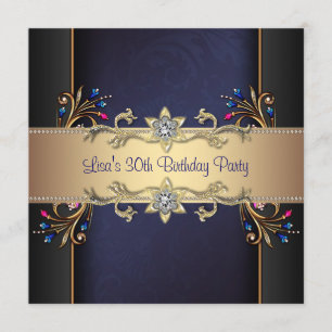 Navy Blue Gold Flowers Womans 30th Birthday Invitation