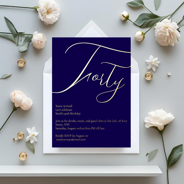 Navy Blue & Gold Foil 40th Birthday Invitation (Creator Uploaded)