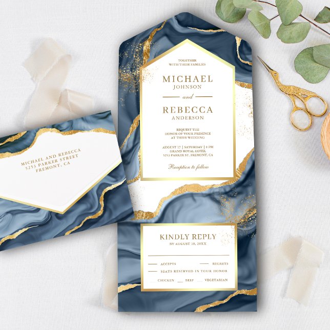 Navy Blue Gold Foil Abstract Fluid Ink Wedding All In One Invitation (Creator Uploaded)