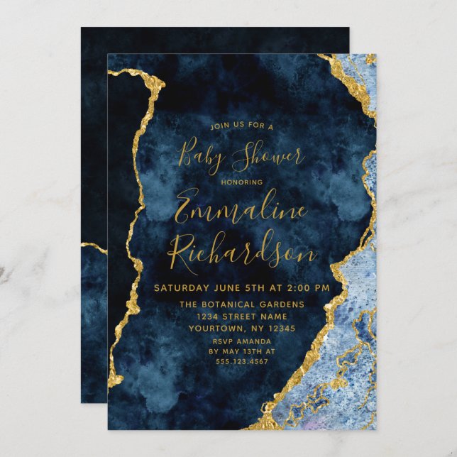 Navy Blue & Gold Foil Agate Baby Shower Invitation (Front/Back)