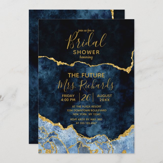 Navy Blue Gold Foil Agate Bridal Shower Invitation (Front/Back)