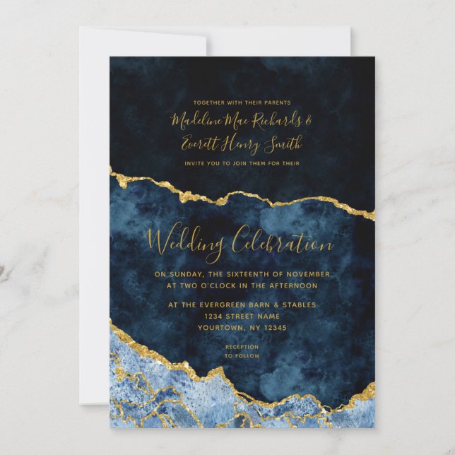 Navy Blue Gold Foil Agate Gilt Wedding Invitation (Front)