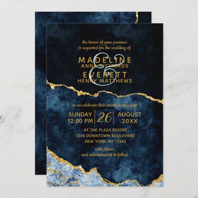 Navy Blue Gold Foil Agate Gilt Wedding Invitations (Front/Back)