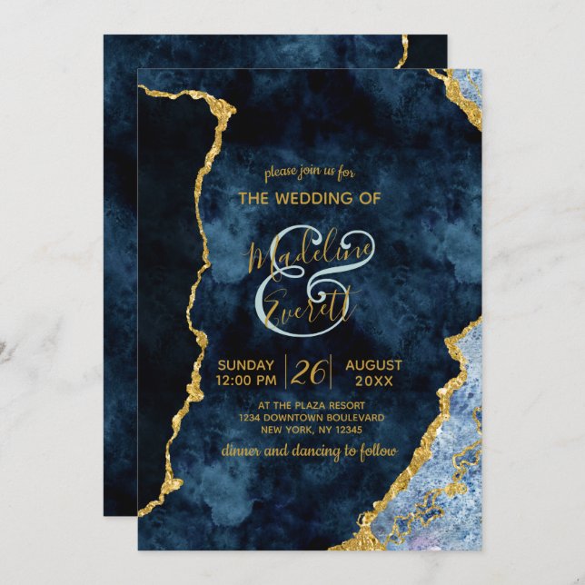 Navy Blue Gold Foil Agate Gilt Wedding Invitations (Front/Back)