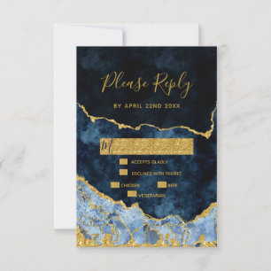 Navy Blue Gold Foil Agate Gilt Wedding RSVP Reply Card