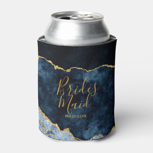 Navy Blue & Gold Foil Agate Marble Bridesmaid Can Cooler (Can Front)