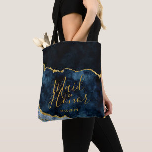 Navy Blue & Gold Foil Agate Marble Maid of Honour Tote Bag