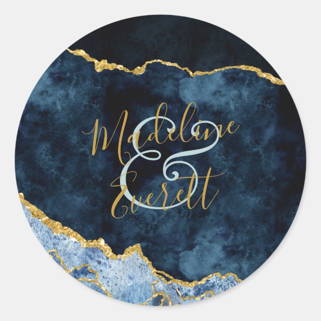 Navy Blue Gold Foil Agate Marble Monogram Wedding Classic Round Sticker (Front)
