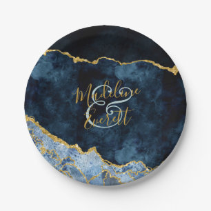 Navy Blue Gold Foil Agate Marble Wedding Monogram Paper Plate