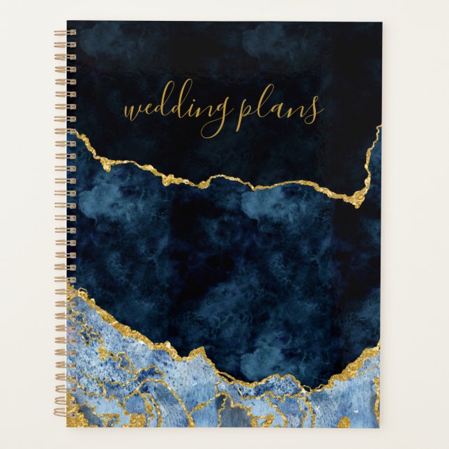 Navy Blue Gold Foil Agate Marble Wedding Plans Planner (Front)