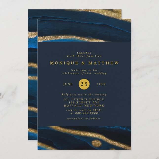 Navy Blue & Gold Foil Agate Wedding Invitation (Front/Back)
