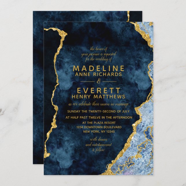Navy Blue & Gold Foil Agate Wedding Invitations (Front/Back)