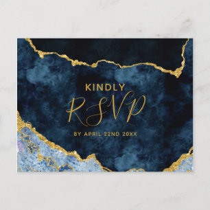 Navy Blue Gold Foil Agate Wedding Meal Choice RSVP Invitation Postcard