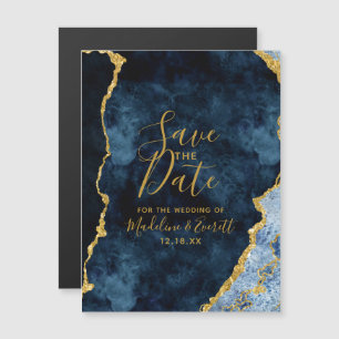 Navy Blue Gold Foil Agate Wedding Save the Date Magnetic Invitation