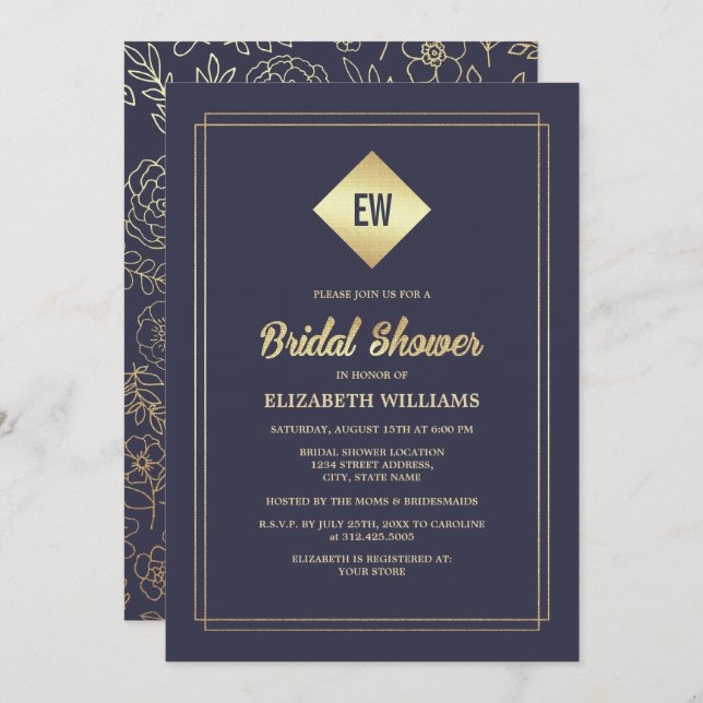 Navy Blue | Gold Foil Bridal Shower Invitation (Front/Back)