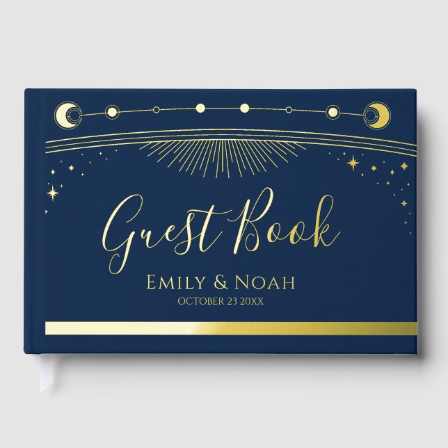 Navy Blue Gold Foil Celestial Wedding Guest Book (Front)