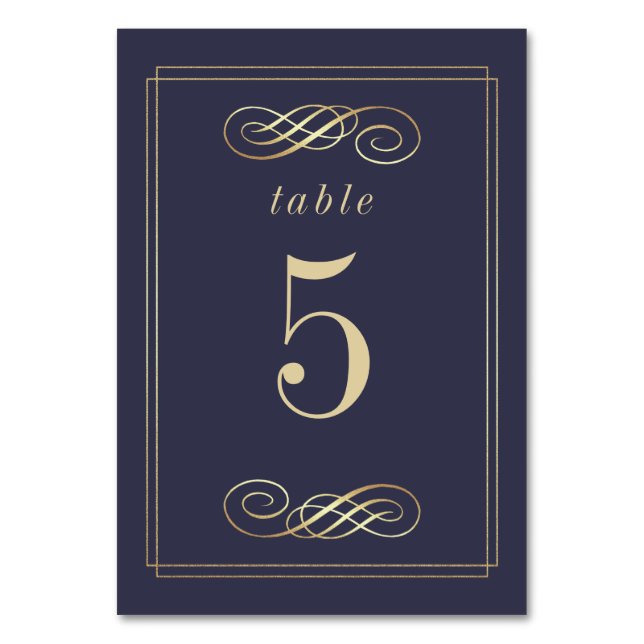 Navy Blue Gold Foil Elegant Wedding Table Numbers (Front)