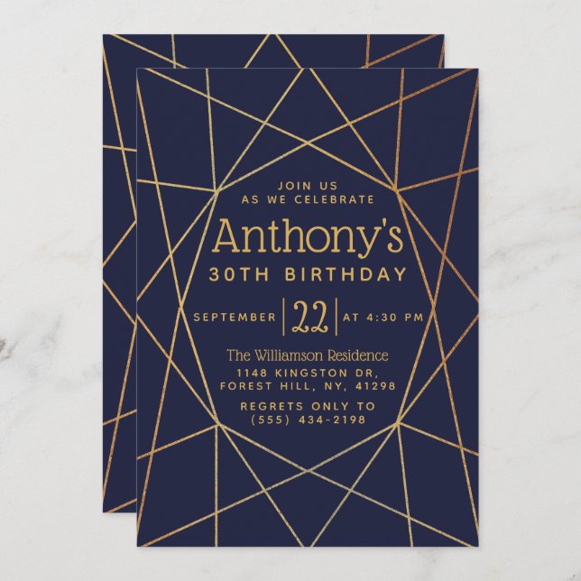 Navy Blue & Gold Foil Geometric Pattern Birthday Invitation (Front/Back)