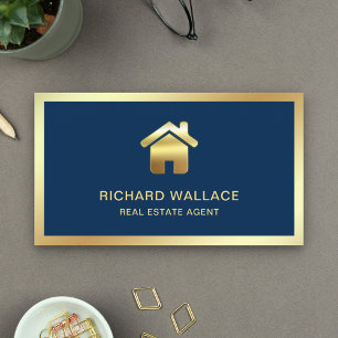 Navy Blue Gold Foil Home Logo Real Estate Agent Business Card