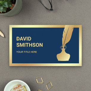 Navy Blue Gold Foil Inkwell Feather Quill Pen Business Card
