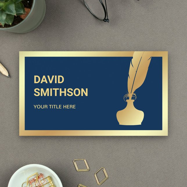 Navy Blue Gold Foil Inkwell Feather Quill Pen Business Card (Creator Uploaded)