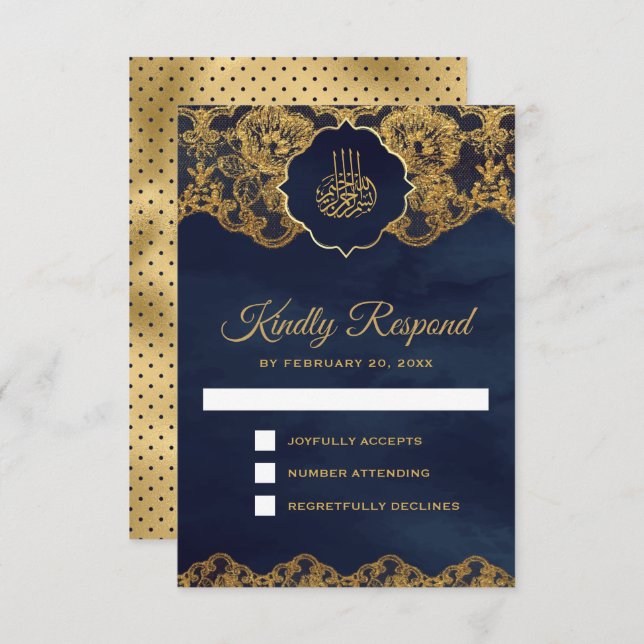 Navy Blue Gold Foil Lace Islamic Wedding RSVP Card (Front/Back)
