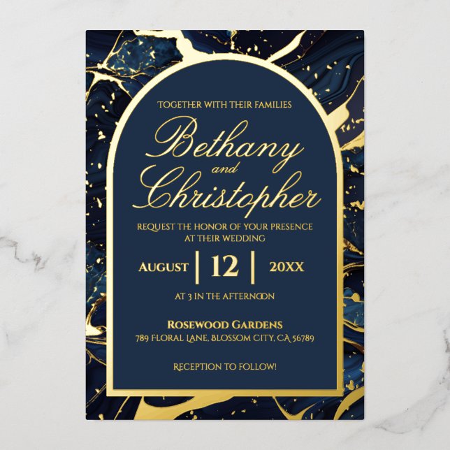 Navy Blue & Gold Foil Marble Wedding Invitations (Front)