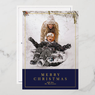 Navy blue gold foil Merry Christmas family photo  Holiday Card